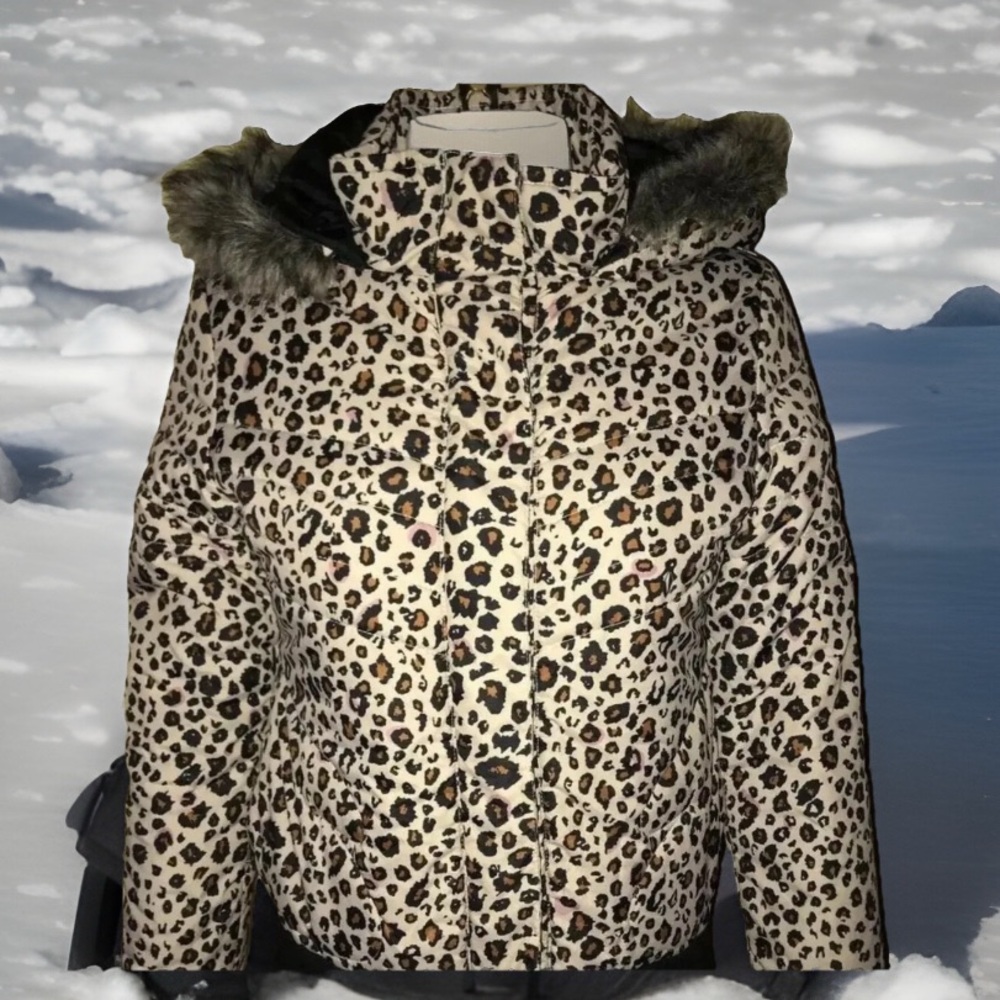 Volcom Tan Brown Black Leopard print Removable Faux Fur Trim Hooded Coat